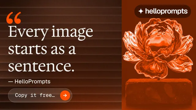 Landscape graphic for HelloPrompts: "Every image starts as a sentence." Agentic glass style, quote layout, dark palette in orange.