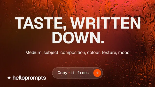 Landscape graphic for HelloPrompts: "Taste, written down." Agentic glass style, centred layout, dark palette in red, orange.