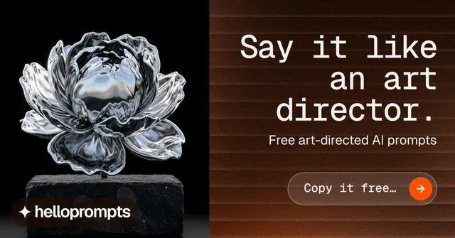 Social ad for HelloPrompts: "Say it like an art director." Agentic glass style, right layout, dark palette in black, orange, grey.
