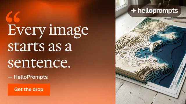 Landscape graphic for HelloPrompts: "See the prompt. Steal the taste." Swiss style, quote layout, light palette in orange, brown, grey.