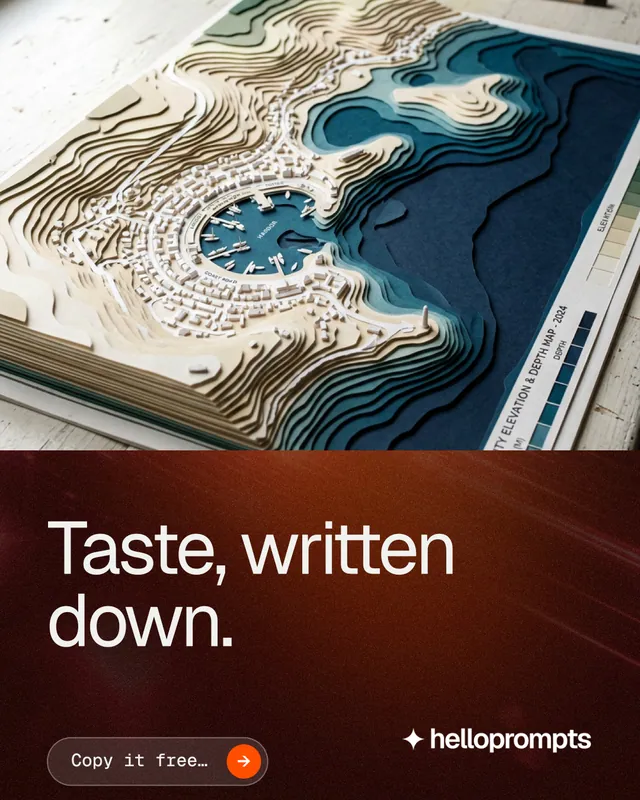 Instagram portrait post for HelloPrompts: "Taste, written down." Agentic glass style, bottom layout, dark palette in red, black, grey.