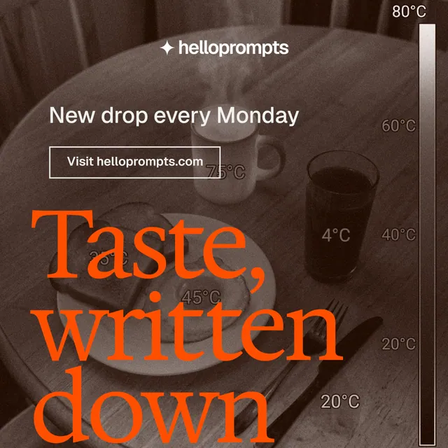 Instagram post for HelloPrompts: "Prompts that show their work." Editorial style, oversized layout, dark palette in orange, brown, grey.