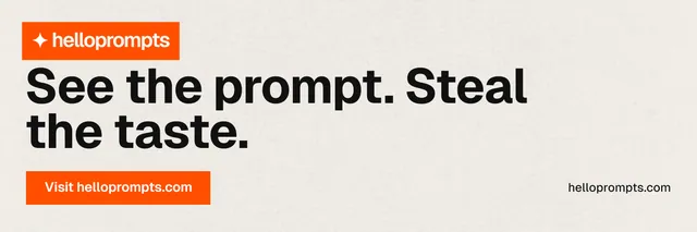 X header for HelloPrompts: "See the prompt. Steal the taste." Swiss style, poster layout, light palette in yellow, white, orange.