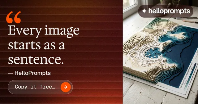 Social ad for HelloPrompts: "Every image starts as a sentence." Agentic glass style, quote layout, dark palette in red, grey.
