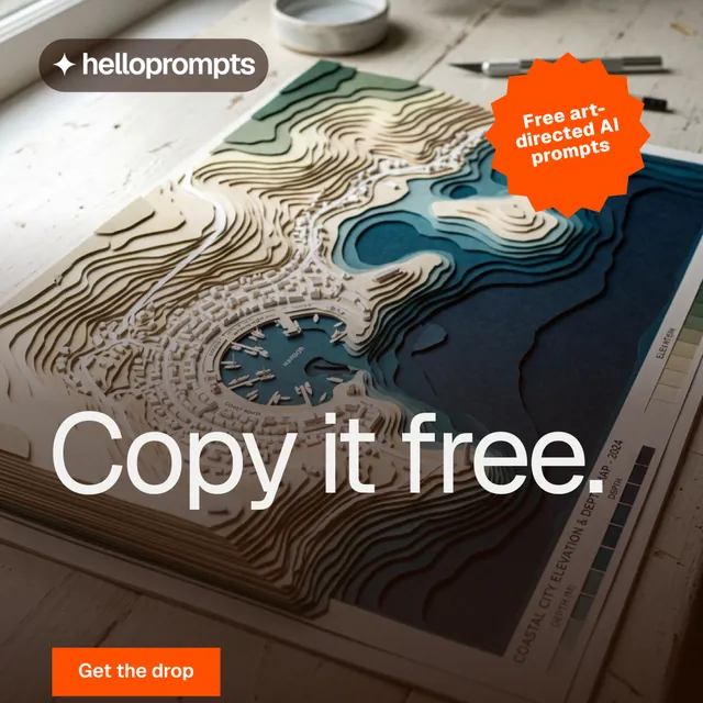 Instagram post for HelloPrompts: "Copy it free." Swiss style, sticker layout, dark palette in grey, orange, black.