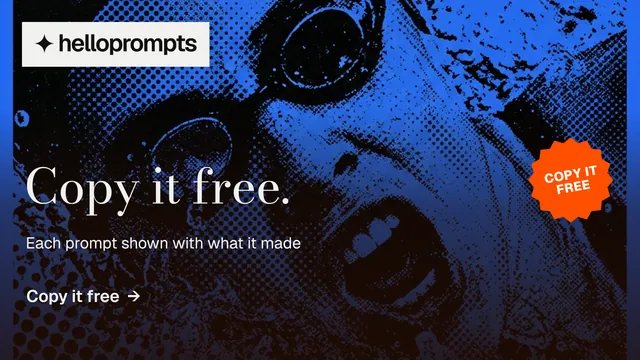 Landscape graphic for HelloPrompts: "Copy it free." Minimal luxury style, sticker layout, dark palette in black, blue.