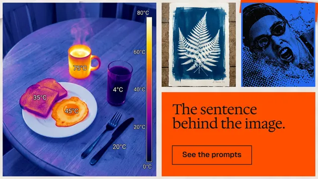 Landscape graphic for HelloPrompts: "The sentence behind the image." Editorial style, collage layout, dark palette in blue, grey, red.