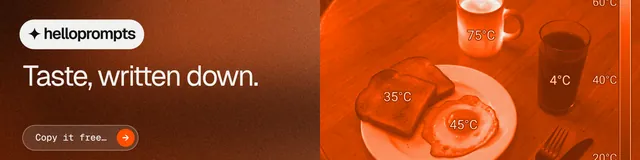 LinkedIn banner for HelloPrompts: "Taste, written down." Agentic glass style, bottom layout, dark palette in orange.