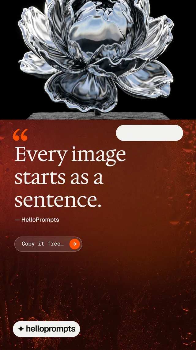 Instagram story for HelloPrompts: "Every image starts as a sentence." Agentic glass style, quote layout, dark palette in red, black, grey.