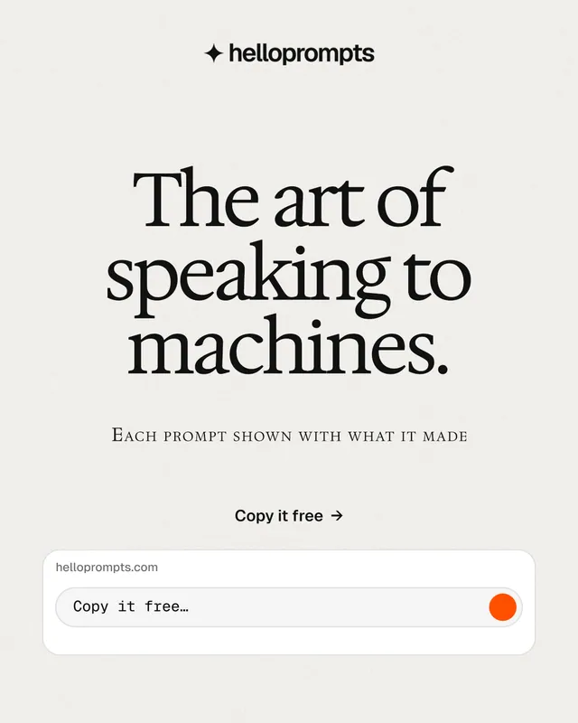 Instagram portrait post for HelloPrompts: "The art of speaking to machines." Swiss style, smallcaps layout, light palette in white.