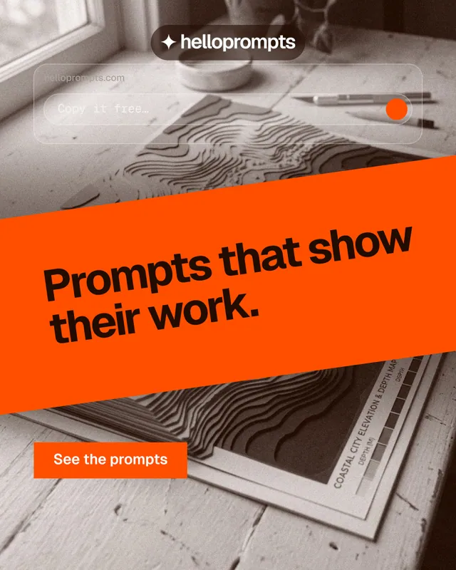 Instagram portrait post for HelloPrompts: "Prompts that show their work." Swiss style, diagonal layout, light palette in orange, grey, white.