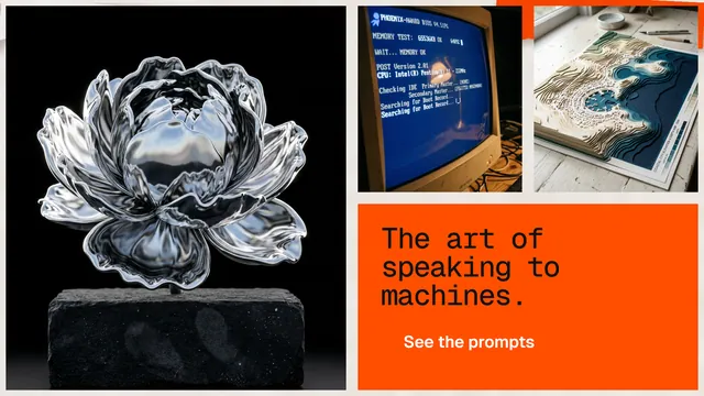 Landscape graphic for HelloPrompts: "The art of speaking to machines." Swiss style, collage layout, dark palette in black, brown, grey.