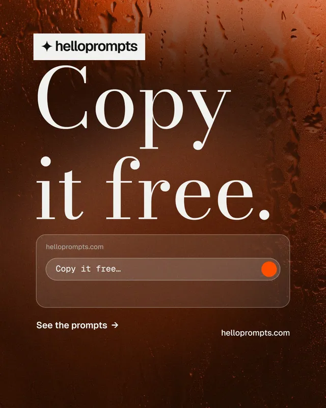 Instagram portrait post for HelloPrompts: "Copy it free." Minimal luxury style, poster layout, dark palette in orange, black.