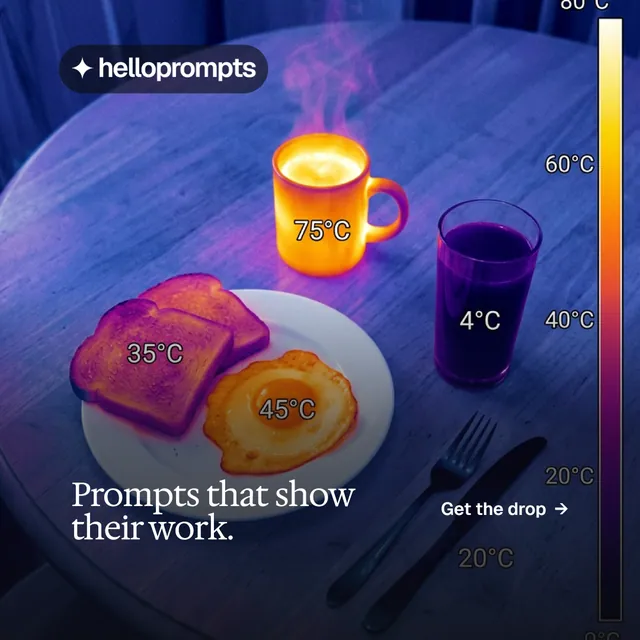 Instagram post for HelloPrompts: "Prompts that show their work." Editorial style, image led layout, dark palette in blue, purple, grey.