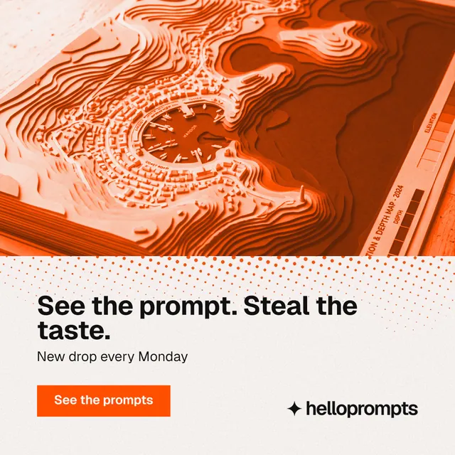 Instagram post for HelloPrompts: "See the prompt. Steal the taste." Retro print style, bottom layout, light palette in orange, white.