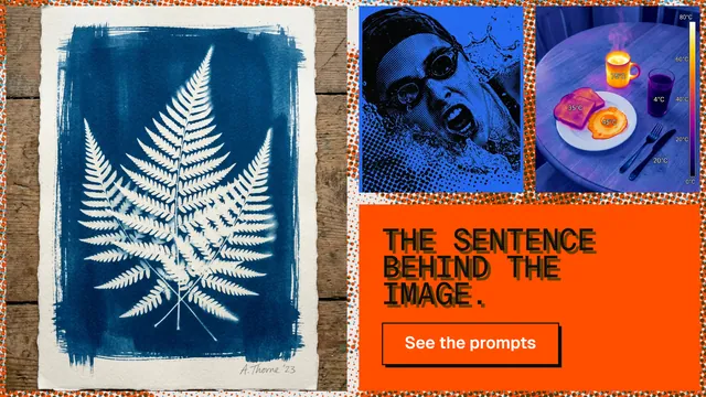 Landscape graphic for HelloPrompts: "The sentence behind the image." Brutalist style, collage layout, dark palette in blue, orange, grey.