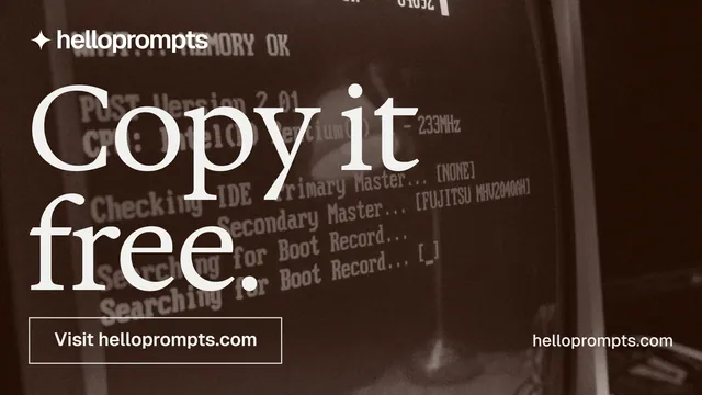 Landscape graphic for HelloPrompts: "Copy it free." Editorial style, poster layout, dark palette in orange, black, grey.