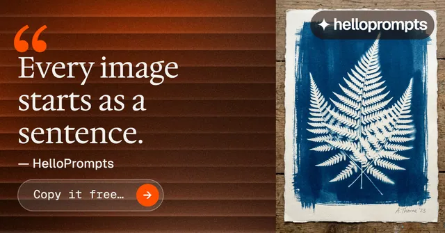 Social ad for HelloPrompts: "Every image starts as a sentence." Agentic glass style, quote layout, dark palette in orange, grey, red.