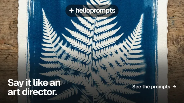 Landscape graphic for HelloPrompts: "Say it like an art director." Swiss style, image led layout, dark palette in blue, grey, white.
