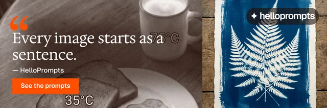 X header for HelloPrompts: "Say it like an art director." Swiss style, quote layout, dark palette in orange, blue, grey.