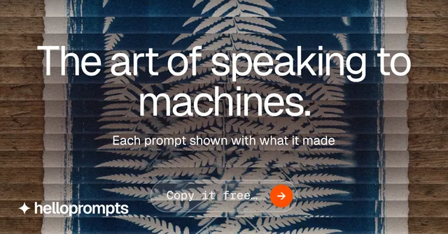 Social ad for HelloPrompts: "The art of speaking to machines." Agentic glass style, centred layout, dark palette in black, blue, grey.