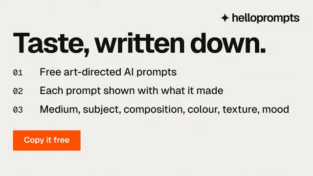 Landscape graphic for HelloPrompts: "Taste, written down." Swiss style, numbered layout, light palette in white, grey.