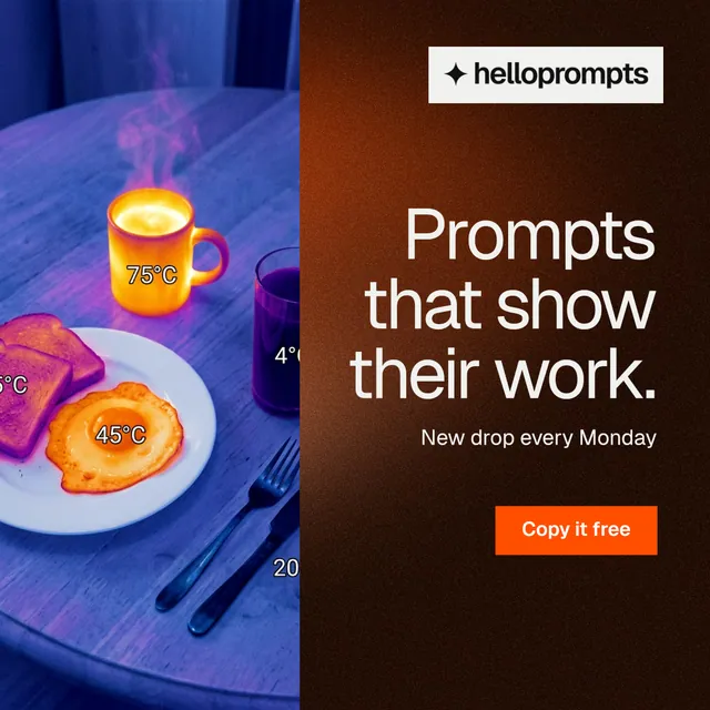 Instagram post for HelloPrompts: "Prompts that show their work." Swiss style, right layout, dark palette in black, purple, grey.