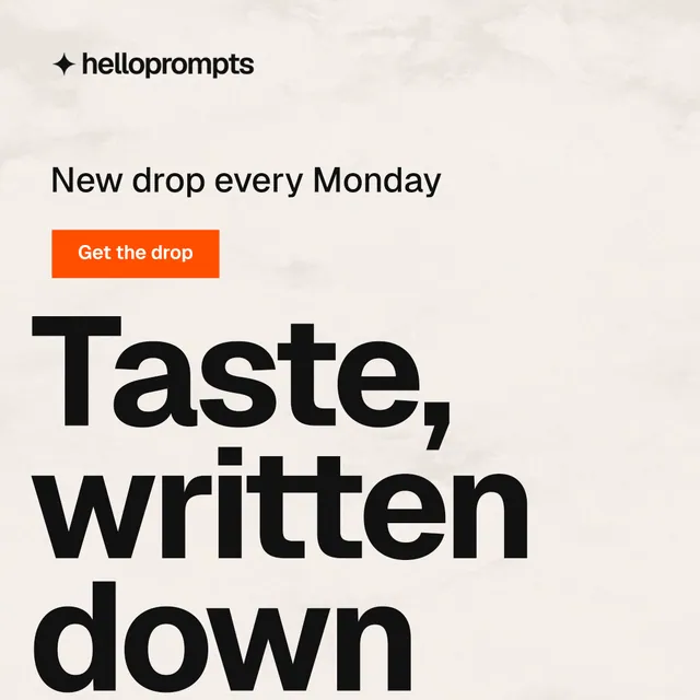 Instagram post for HelloPrompts: "Prompts that show their work." Swiss style, oversized layout, light palette in white, grey, orange.