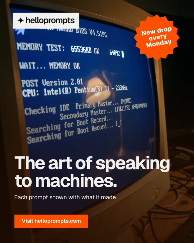 Instagram portrait post for HelloPrompts: "The art of speaking to machines." Swiss style, sticker layout, dark palette in black, blue, red.