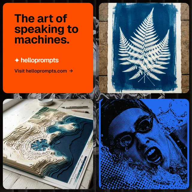 Instagram post for HelloPrompts: "The art of speaking to machines." Agentic glass style, collage layout, dark palette in blue, red, grey.