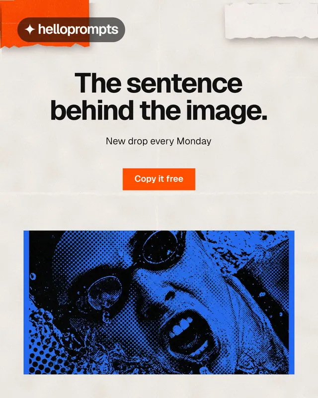 Instagram portrait post for HelloPrompts: "The sentence behind the image." Swiss style, centred layout, light palette in orange, blue.