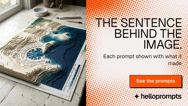 Landscape graphic for HelloPrompts: "The sentence behind the image." Brutalist style, right layout, light palette in orange, white.