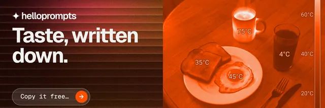 X header for HelloPrompts: "Taste, written down." Agentic glass style, bottom layout, dark palette in red, orange.
