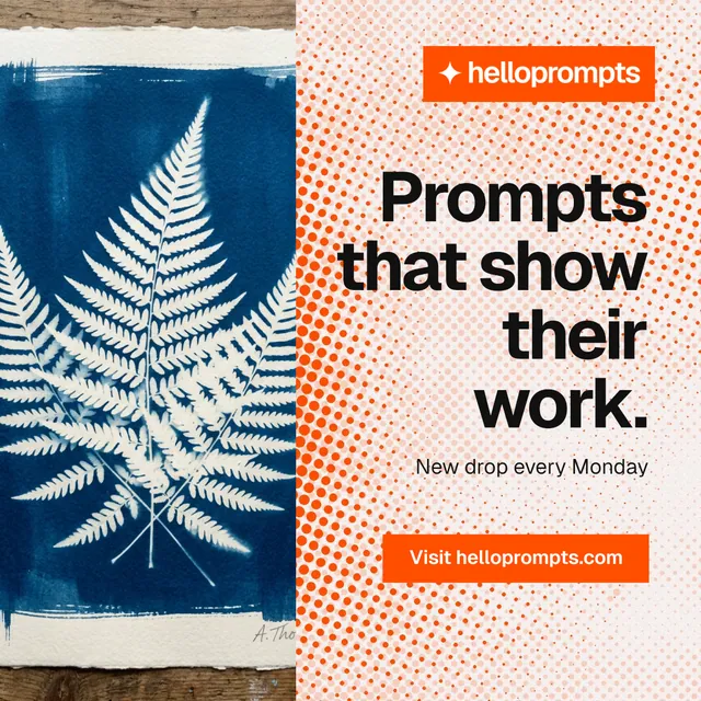 Instagram post for HelloPrompts: "Prompts that show their work." Swiss style, right layout, light palette in blue, orange, grey.