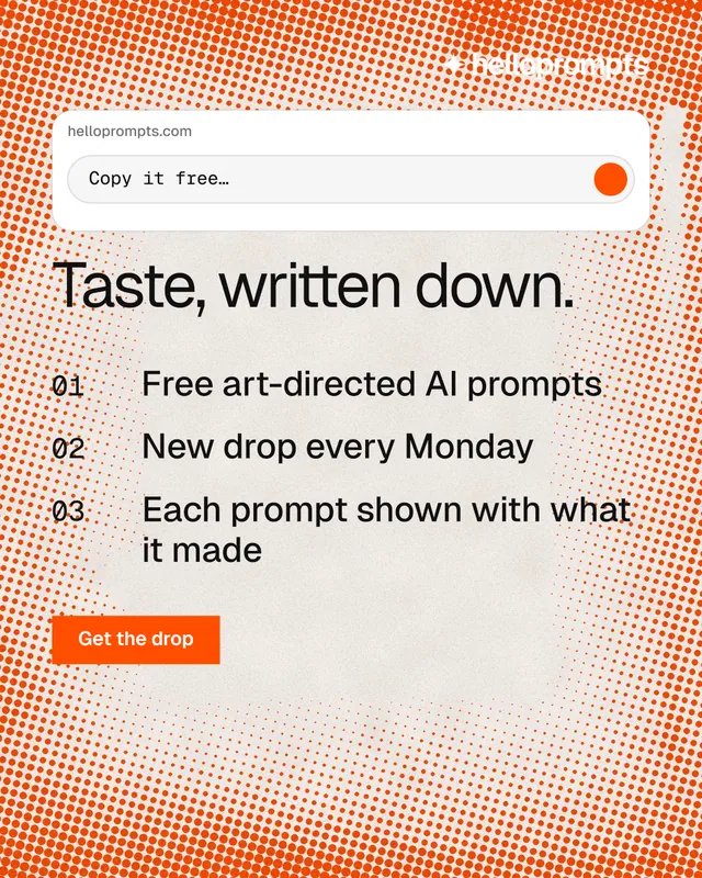 Instagram portrait post for HelloPrompts: "Taste, written down." Swiss style, numbered layout, light palette in orange, white.