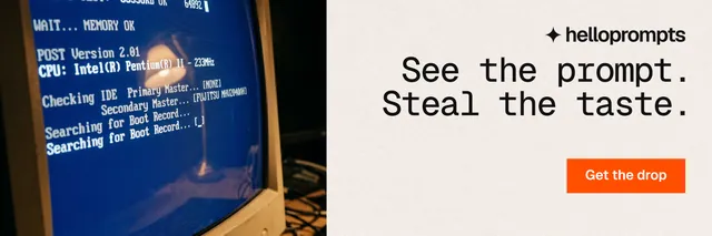 X header for HelloPrompts: "See the prompt. Steal the taste." Swiss style, right layout, light palette in white, blue, grey.