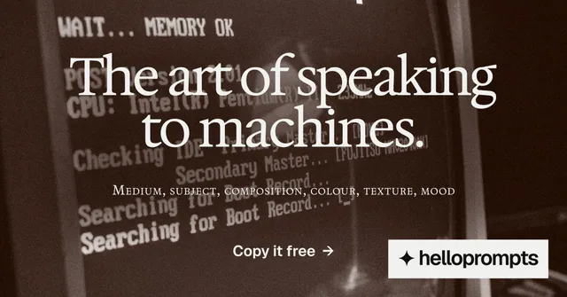 Social ad for HelloPrompts: "The art of speaking to machines." Swiss style, smallcaps layout, dark palette in orange, black, grey.