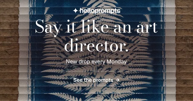 Social ad for HelloPrompts: "Say it like an art director." Minimal luxury style, centred layout, dark palette in blue, black, grey.