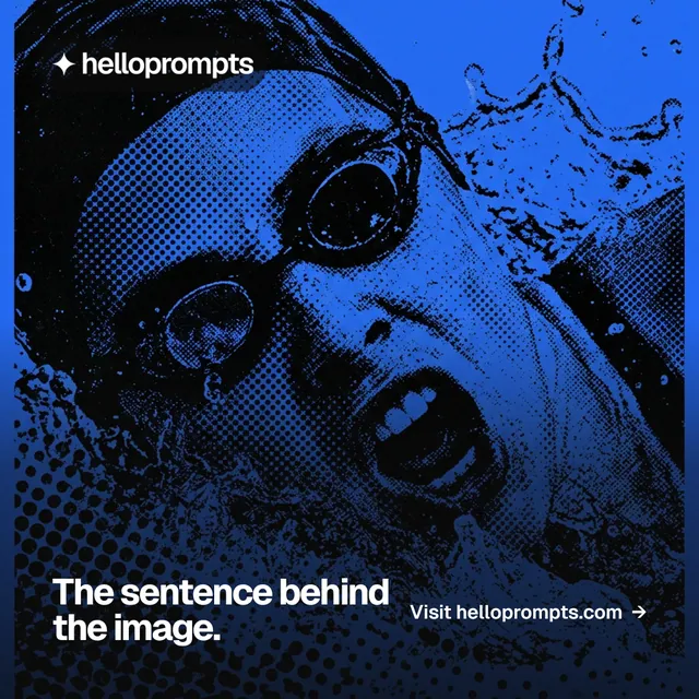 Instagram post for HelloPrompts: "The sentence behind the image." Swiss style, image led layout, dark palette in blue, black.