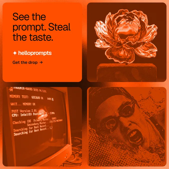 Instagram post for HelloPrompts: "See the prompt. Steal the taste." Agentic glass style, collage layout, dark palette in orange.