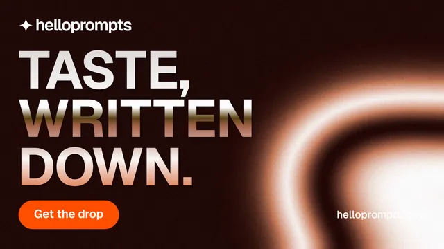 Landscape graphic for HelloPrompts: "Taste, written down." Y2K style, poster layout, dark palette in black, orange.
