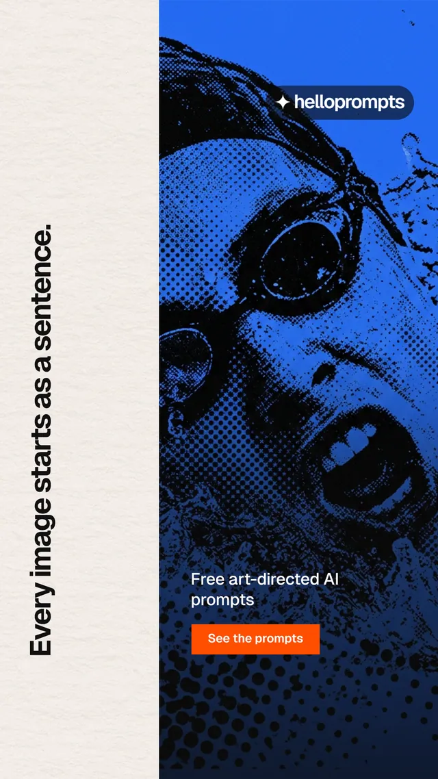 Instagram story for HelloPrompts: "Every image starts as a sentence." Swiss style, vertical layout, light palette in black, white, blue.