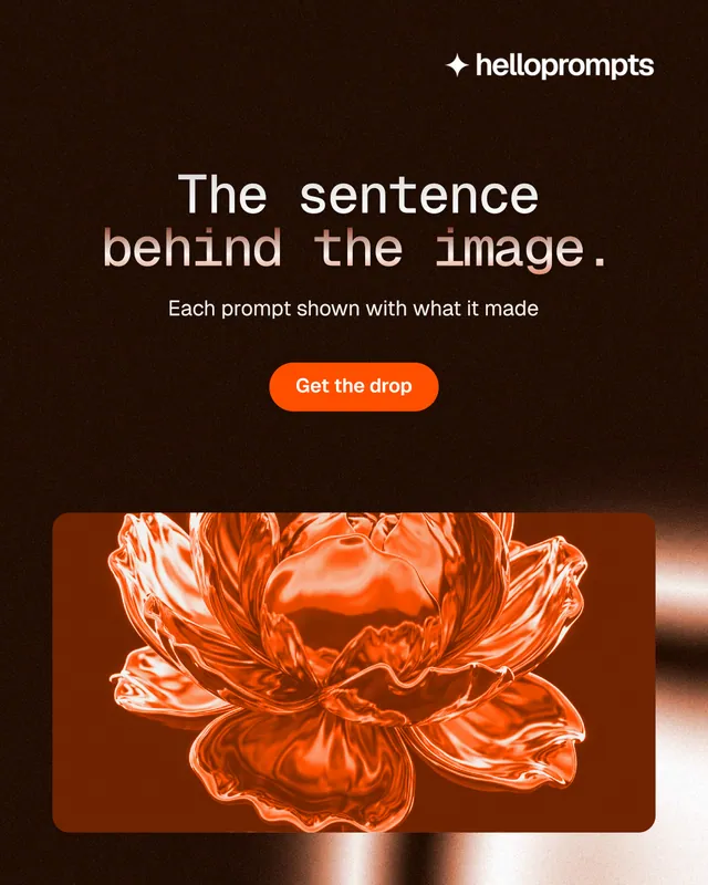 Instagram portrait post for HelloPrompts: "The sentence behind the image." Y2K style, centred layout, dark palette in black, orange.