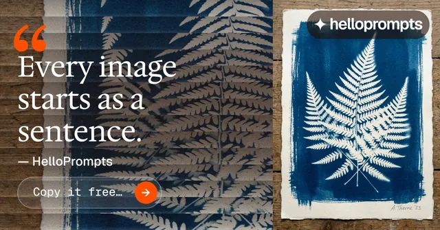 Social ad for HelloPrompts: "The sentence behind the image." Agentic glass style, quote layout, dark palette in blue, grey.