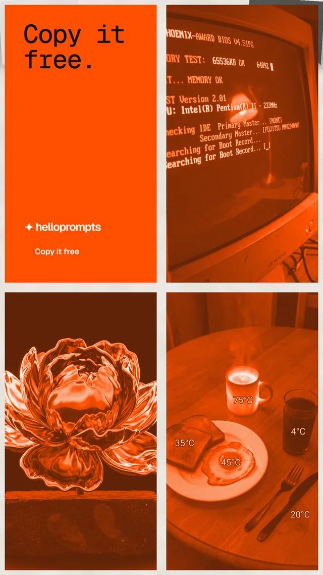 Instagram story for HelloPrompts: "Copy it free." Swiss style, collage layout, dark palette in orange.