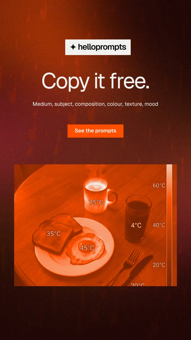Instagram story for HelloPrompts: "Copy it free." Swiss style, centred layout, dark palette in black, red, orange.