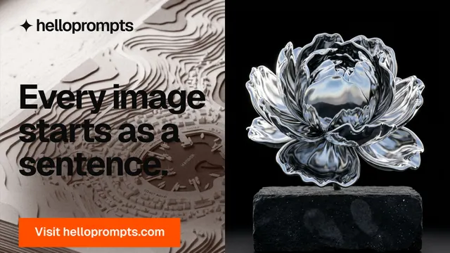 Landscape graphic for HelloPrompts: "Every image starts as a sentence." Swiss style, bottom layout, dark palette in black, grey, orange.