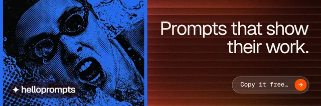X header for HelloPrompts: "Prompts that show their work." Agentic glass style, right layout, dark palette in blue, red, purple.