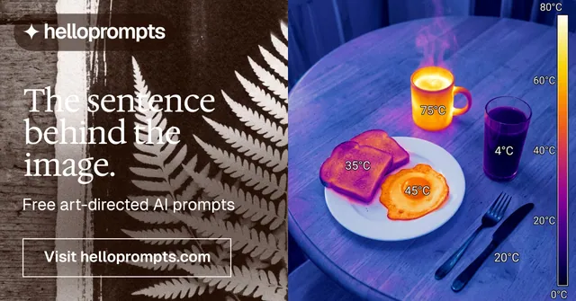 Social ad for HelloPrompts: "The sentence behind the image." Editorial style, bottom layout, dark palette in blue, grey, orange.