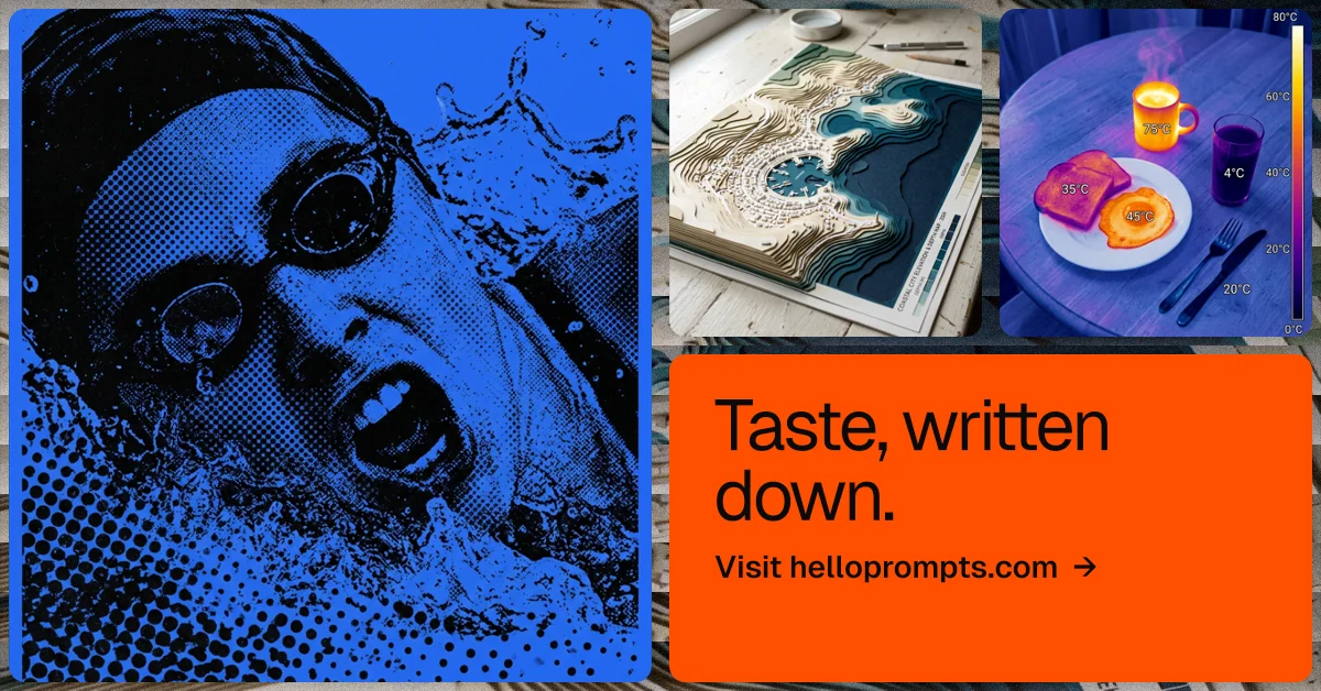 Social ad for HelloPrompts: "Taste, written down." Agentic glass style, collage layout, dark palette in blue, red, grey.